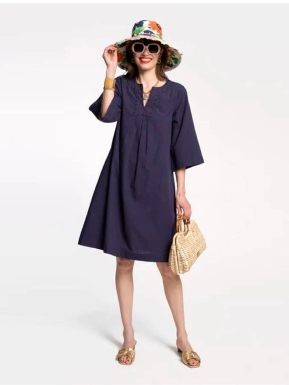 Frances Valentine Easy Dress Cotton Split Neck Tunic Caftan Shift Navy 1X - Picture 2 of 11